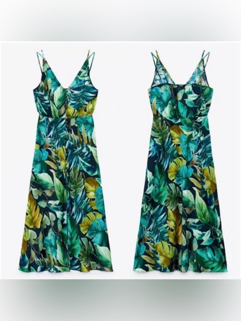 Zara- XS- Tropical Green Leaf Print V-Neck Midi Dress Straps - Picture 3 of 4